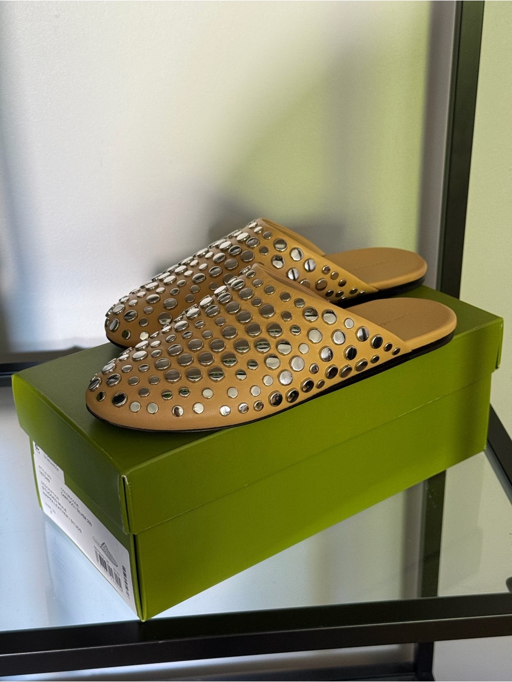 Tory Burch Tan Leather Mirror-Stud Slip-On Mules